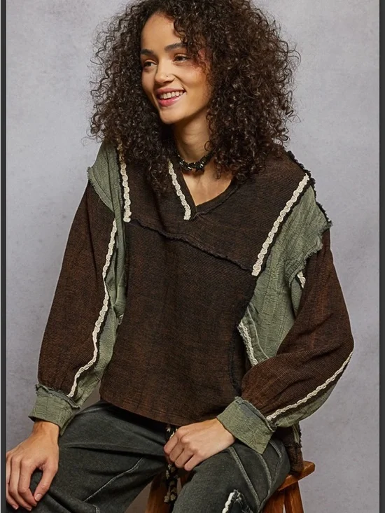 227 ❤️ POL v neck balloon sleeve double gauze top - Picture 4 of 5